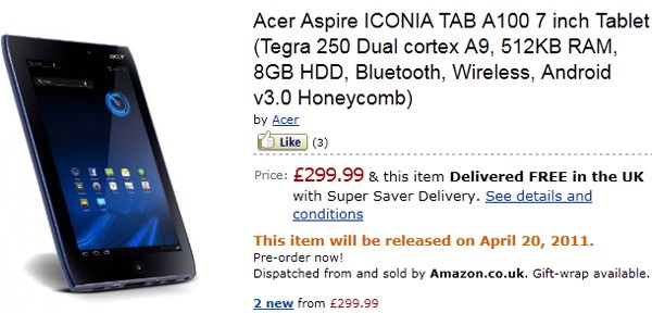 Acer Aspire ICONIA TAB A100 Goes Up For Pre-Order, Ships on April 20