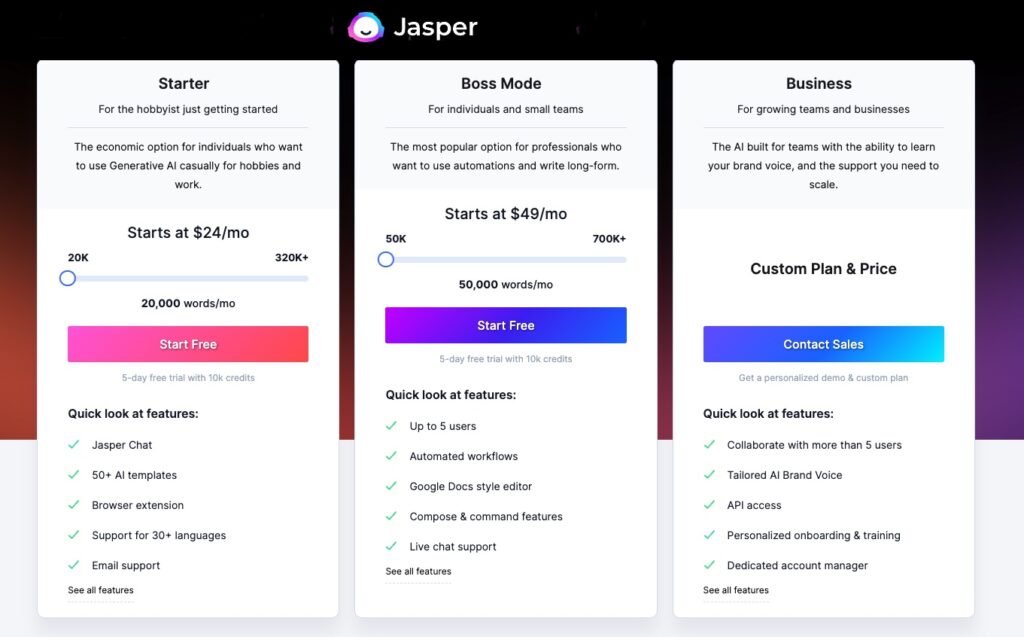 Jasper AI plans and pricing