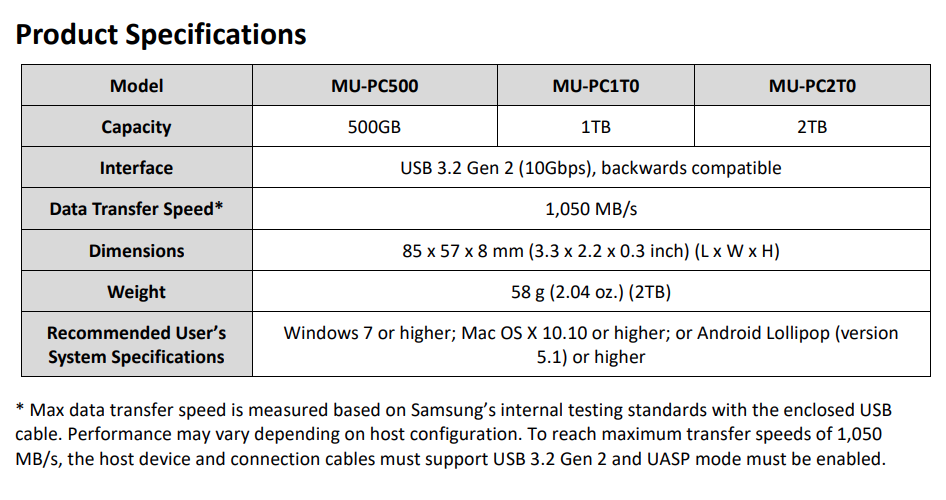 Samsung T7 Touch Specifications