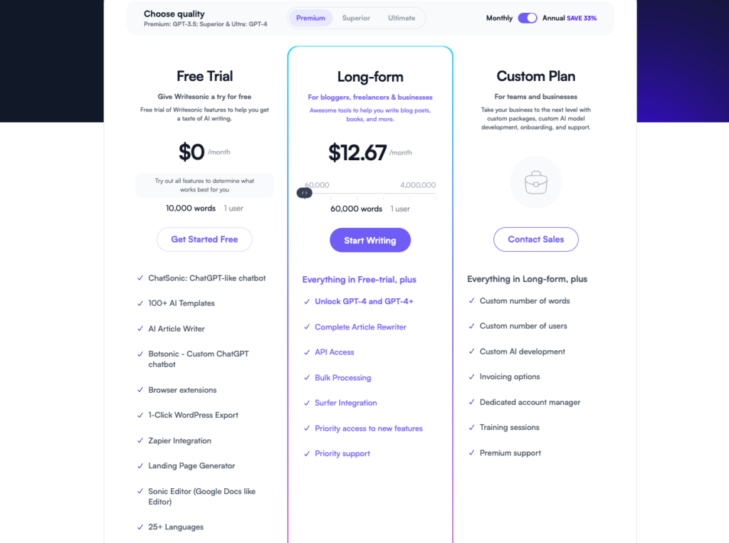 Writesonic plans and pricing