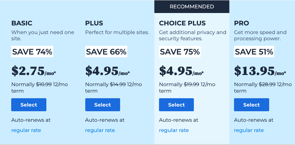 BlueHost Plans & Pricing