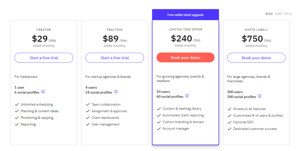 Sendible social media management pricing