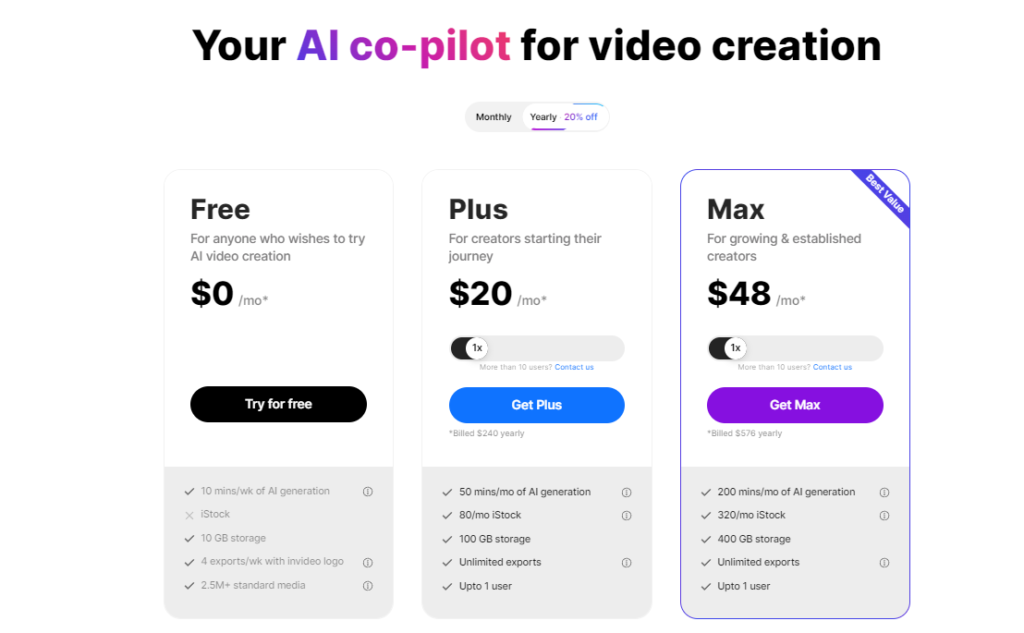 InVideo AI video generator pricing