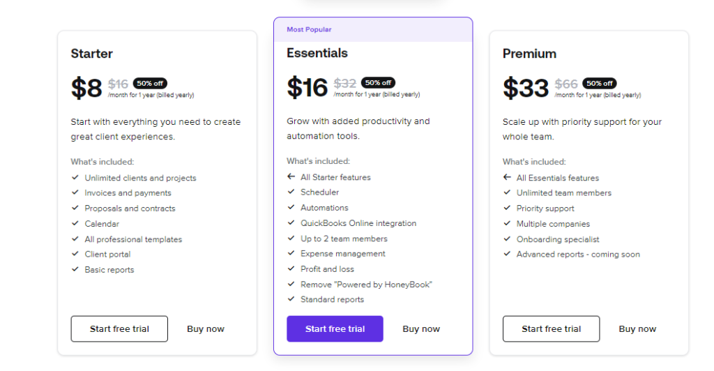 Honeybook pricing