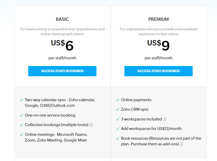 Zoho bookings pricing